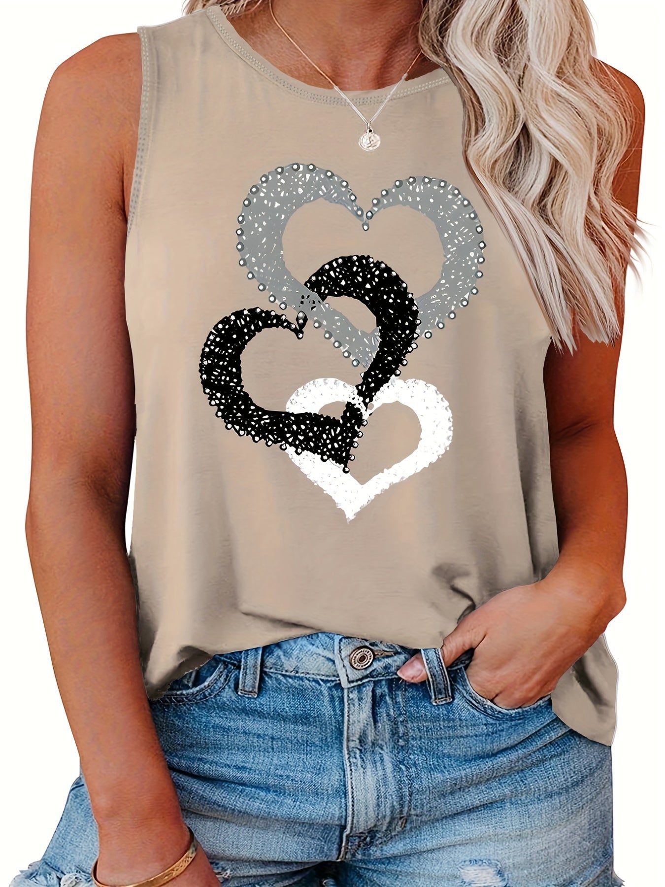  Casual Tank Top Women's Heart Print Round Neck Stretch Tank Top
