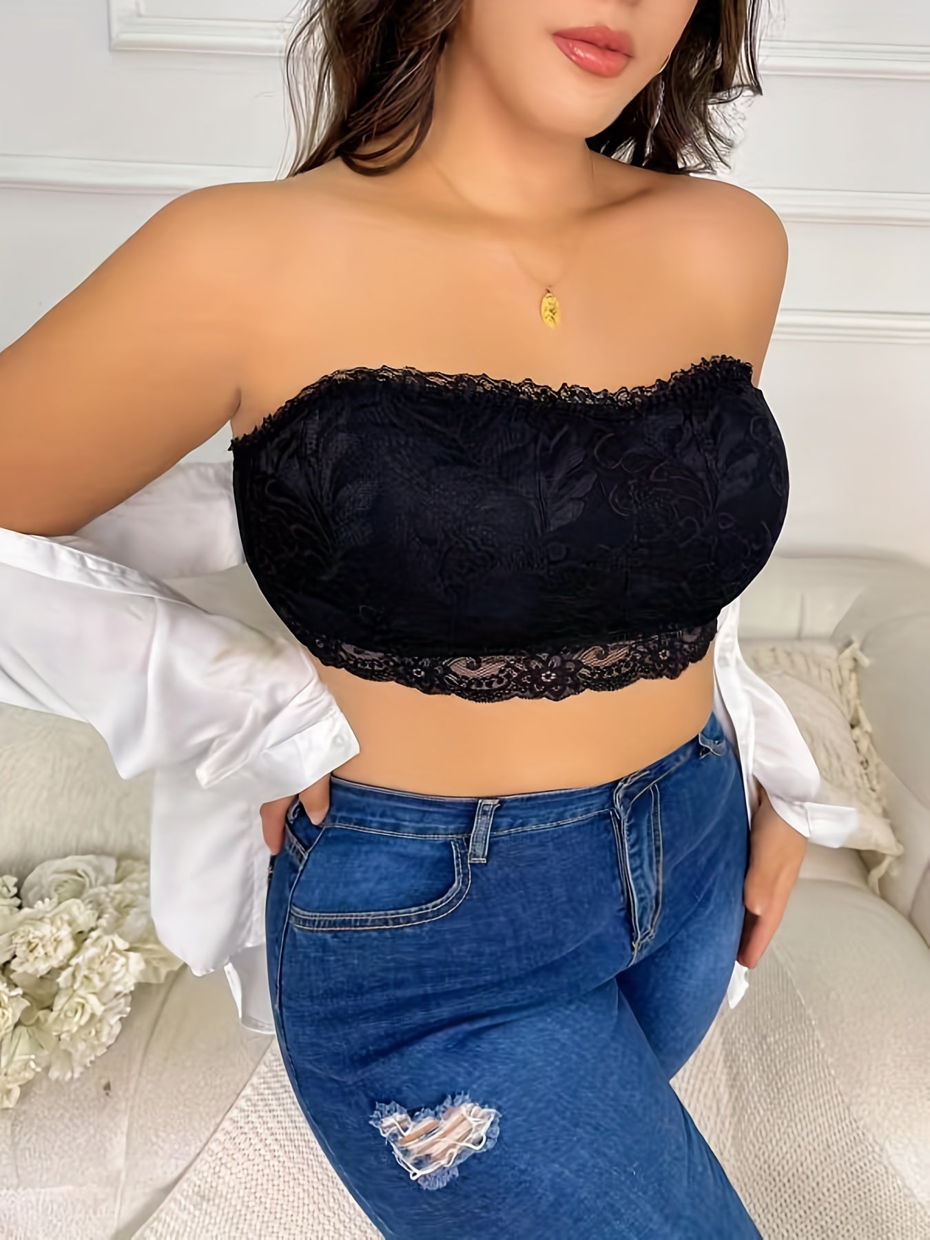 Plus Size Tube Bra Women's Plus Floral Lace Bandeau