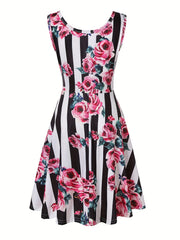  Casual Tank Dress Women's Plus Graphic Print Round Neck Medium Stretch