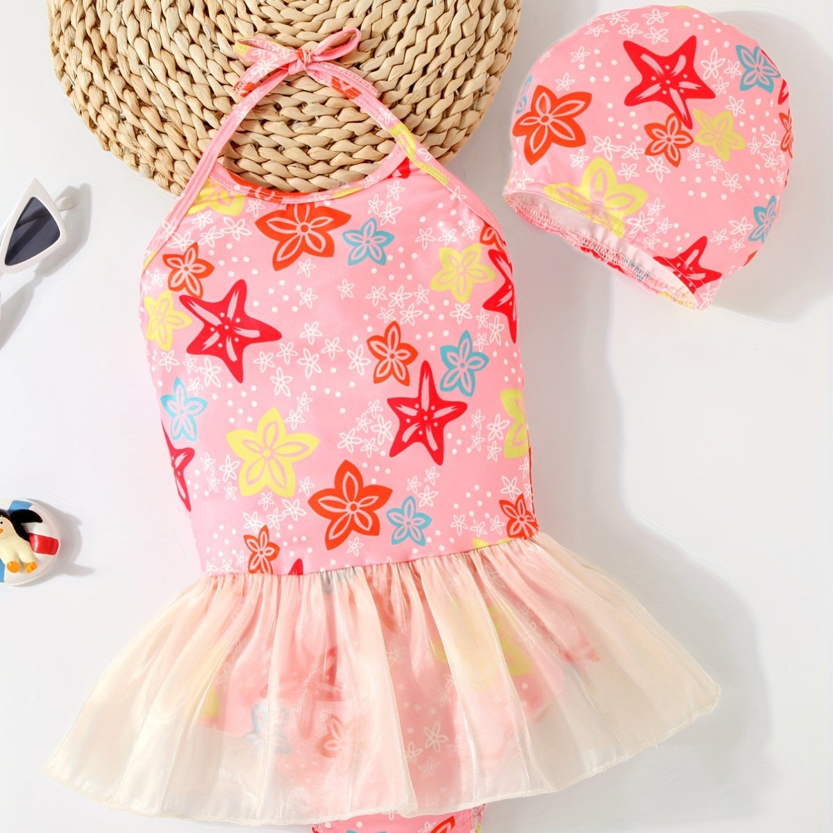 Toddler Girls Flowers Graphic Halter One Piece Swimsuit & Cap