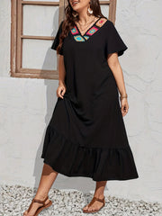  Colorblock Crochet V-Neck Ruffle Dress