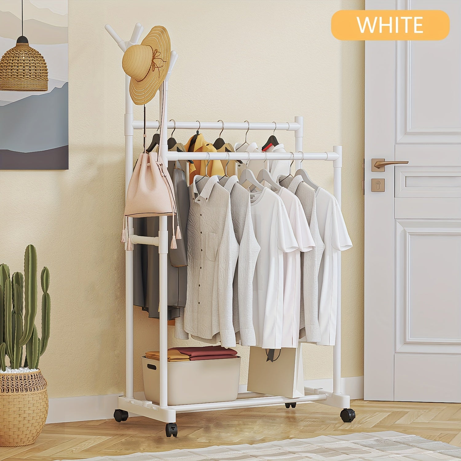 Double Pole Coat Rack With Pulley 2 Layer Clothes Rack Standing Coat Rack