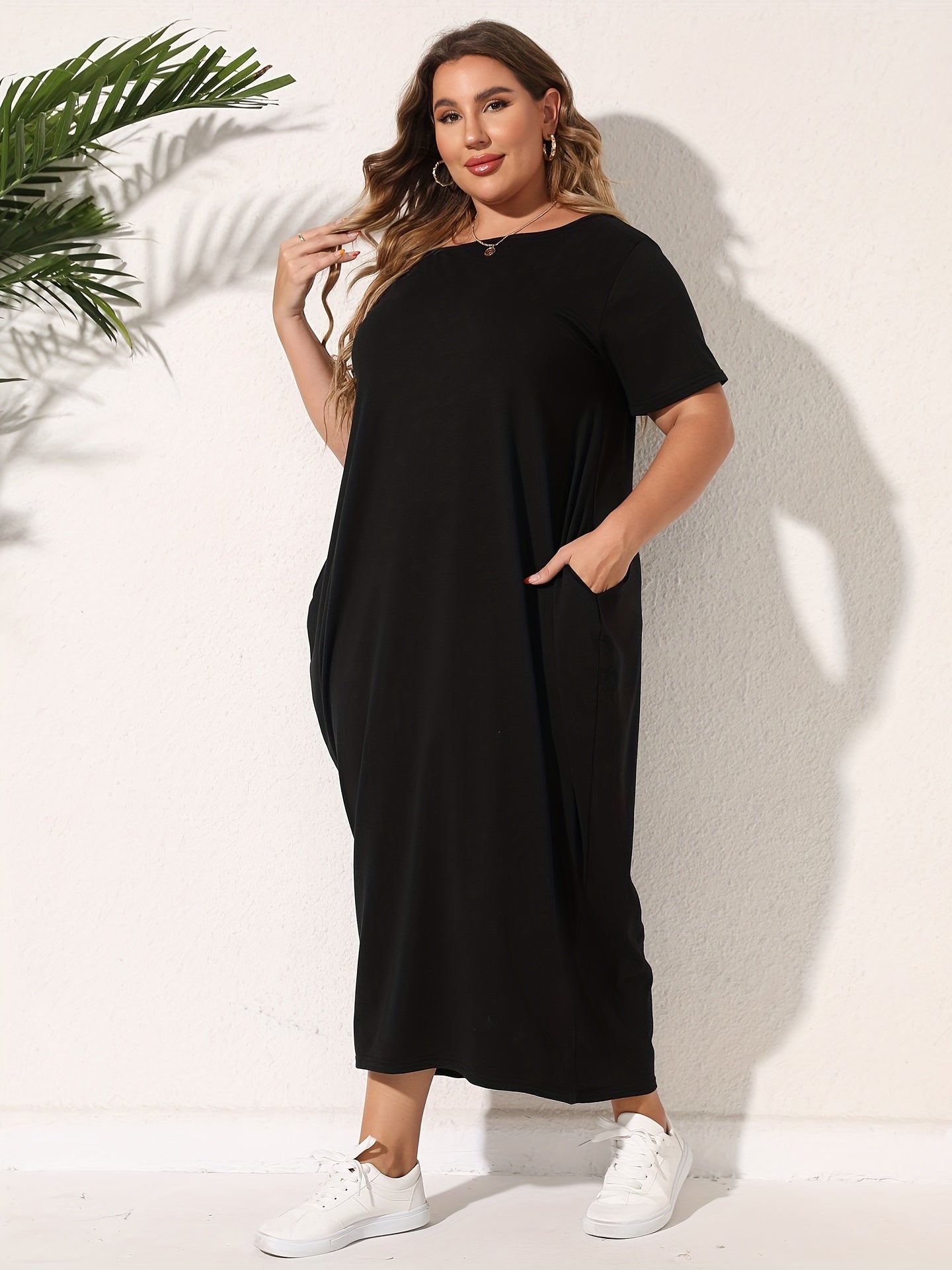  Solid Short Sleeve Maxi Dress With Pockets