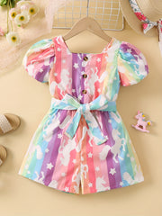 Toddler Girls Puff Sleeve Button Rainbow Unicorn Graphic Belted Rompers