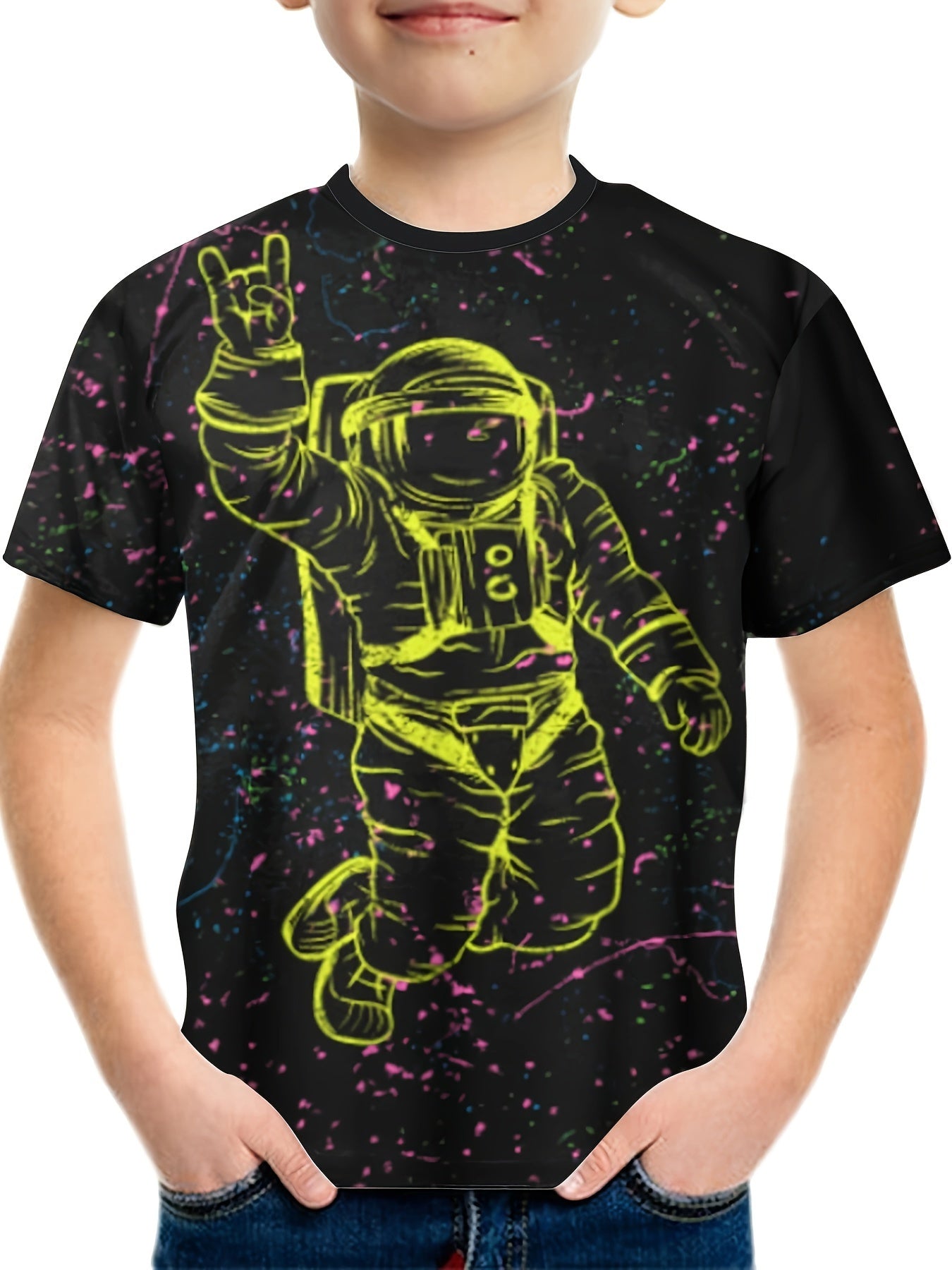 Floating Astronaut Print Boy's Short Sleeve T shirt Breathable Casual Top