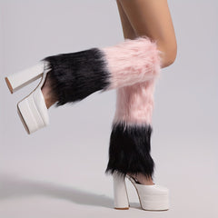 Colorblock Fuzzy Leg Warmers Warm Knee High Socks