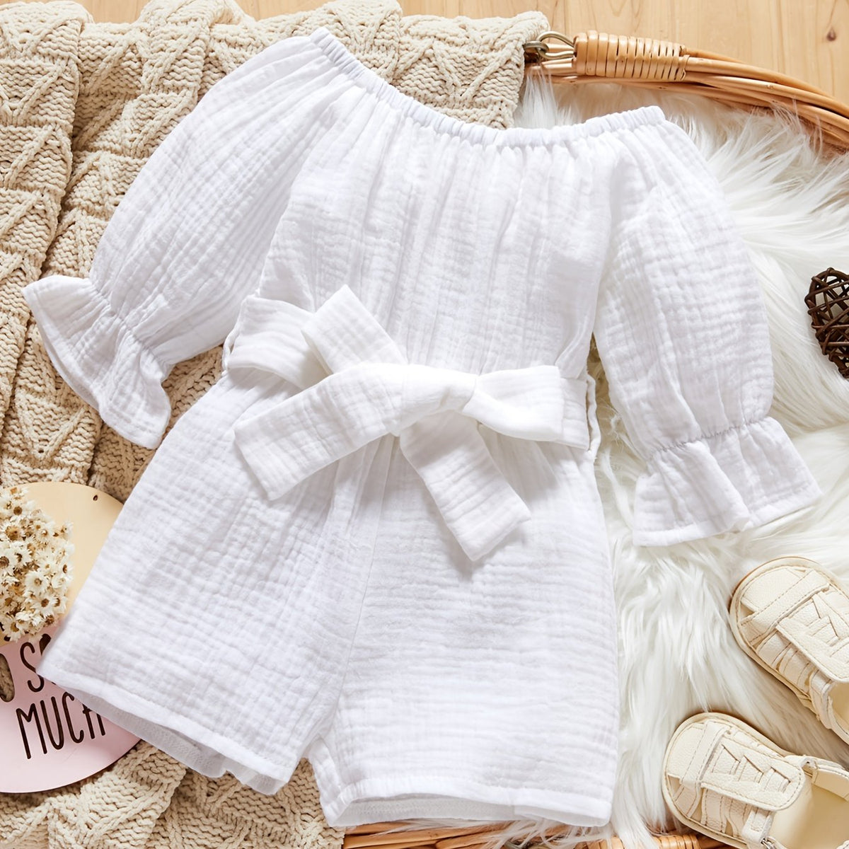 Toddler Off Shoulder Long Sleeve Romper with Wide Leg Pants
