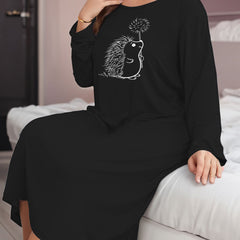  Hedgehog & Dandelion Print Lounge Dress Long Sleeve Round Neck Tee