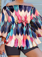  Colorblock Geometric Printed Off Shoulder Tee & Shorts Set