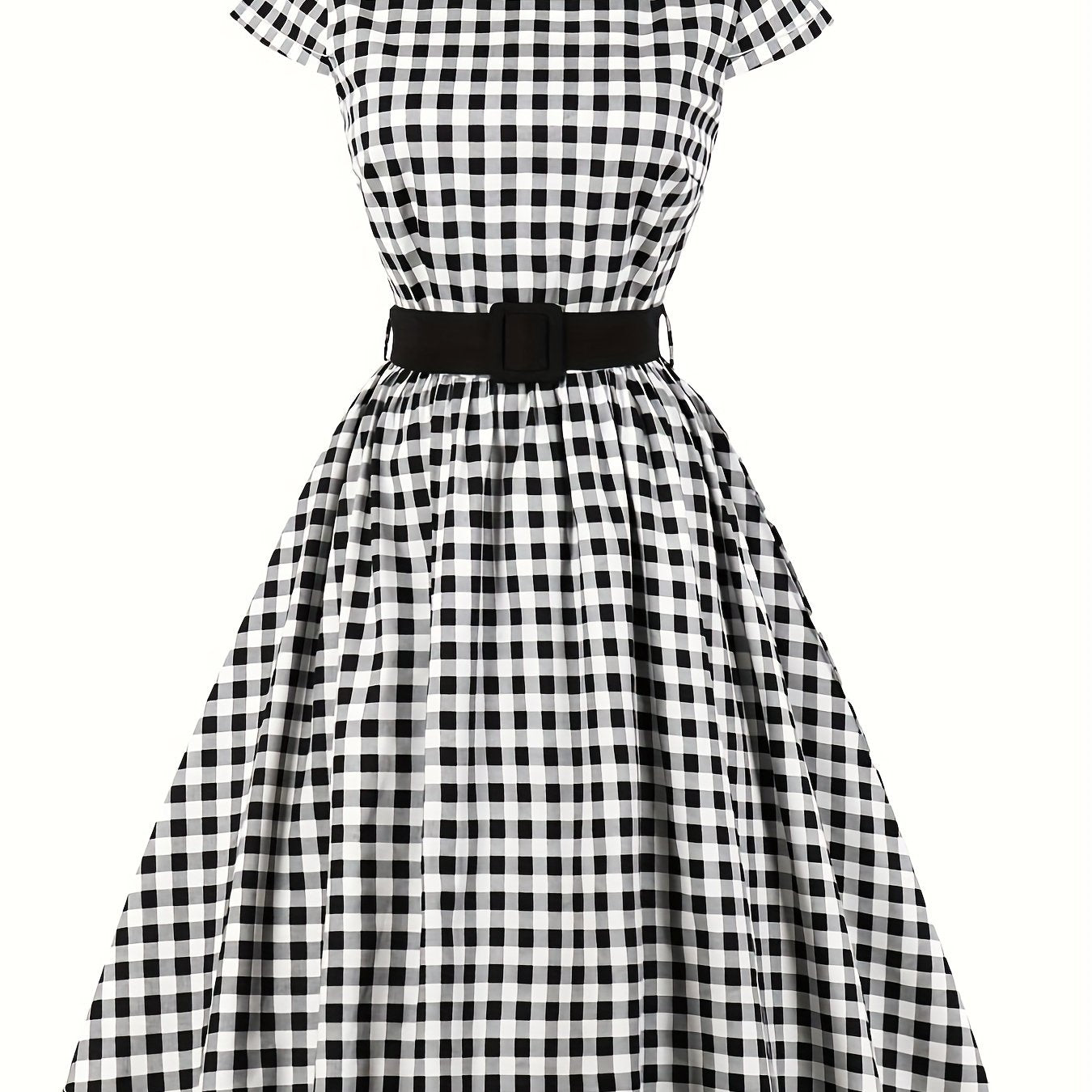  Plaid Print Cap Sleeve Swing Dress With Belt
