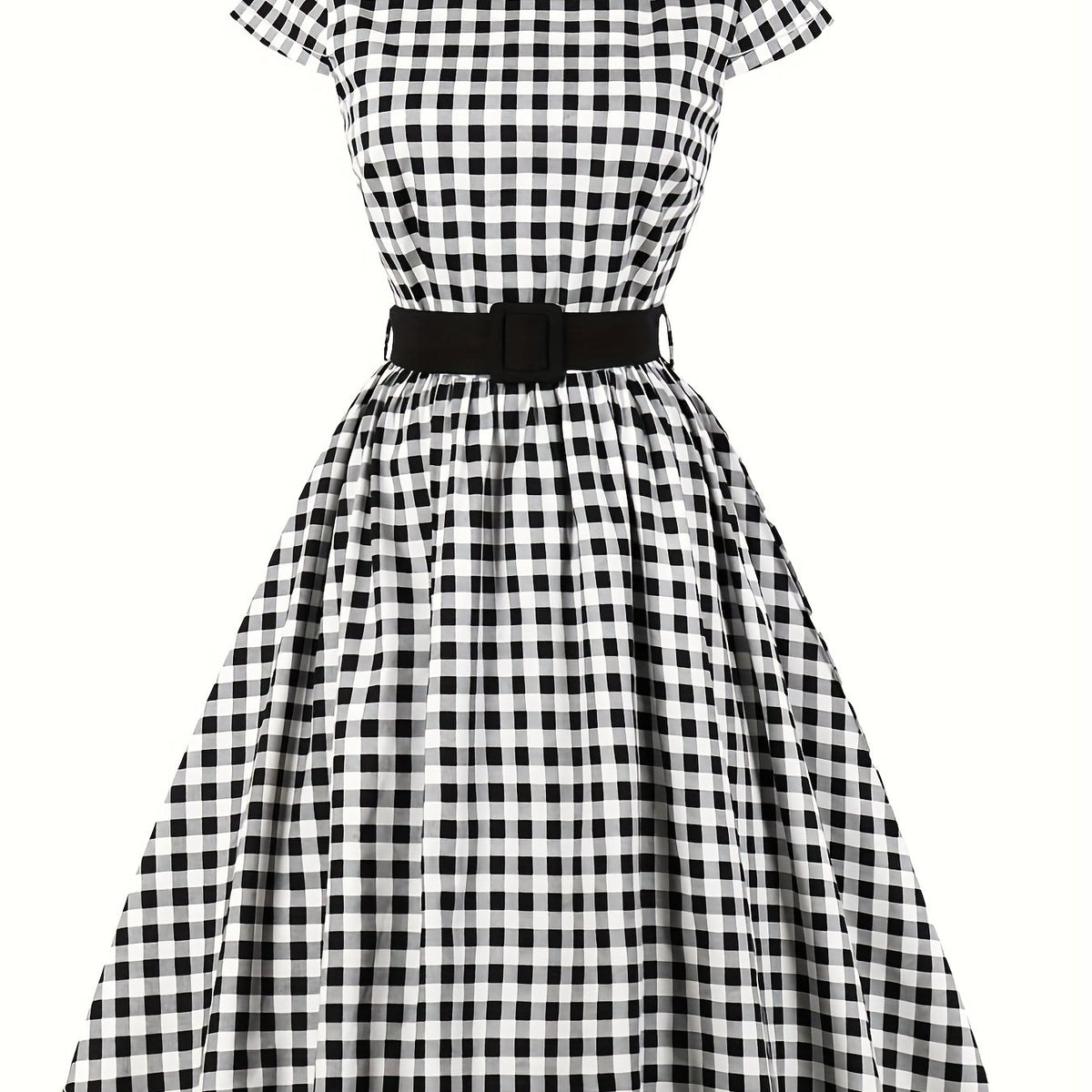  Plaid Print Cap Sleeve Swing Dress With Belt