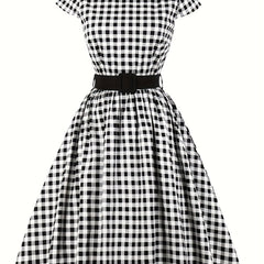  Plaid Print Cap Sleeve Swing Dress With Belt