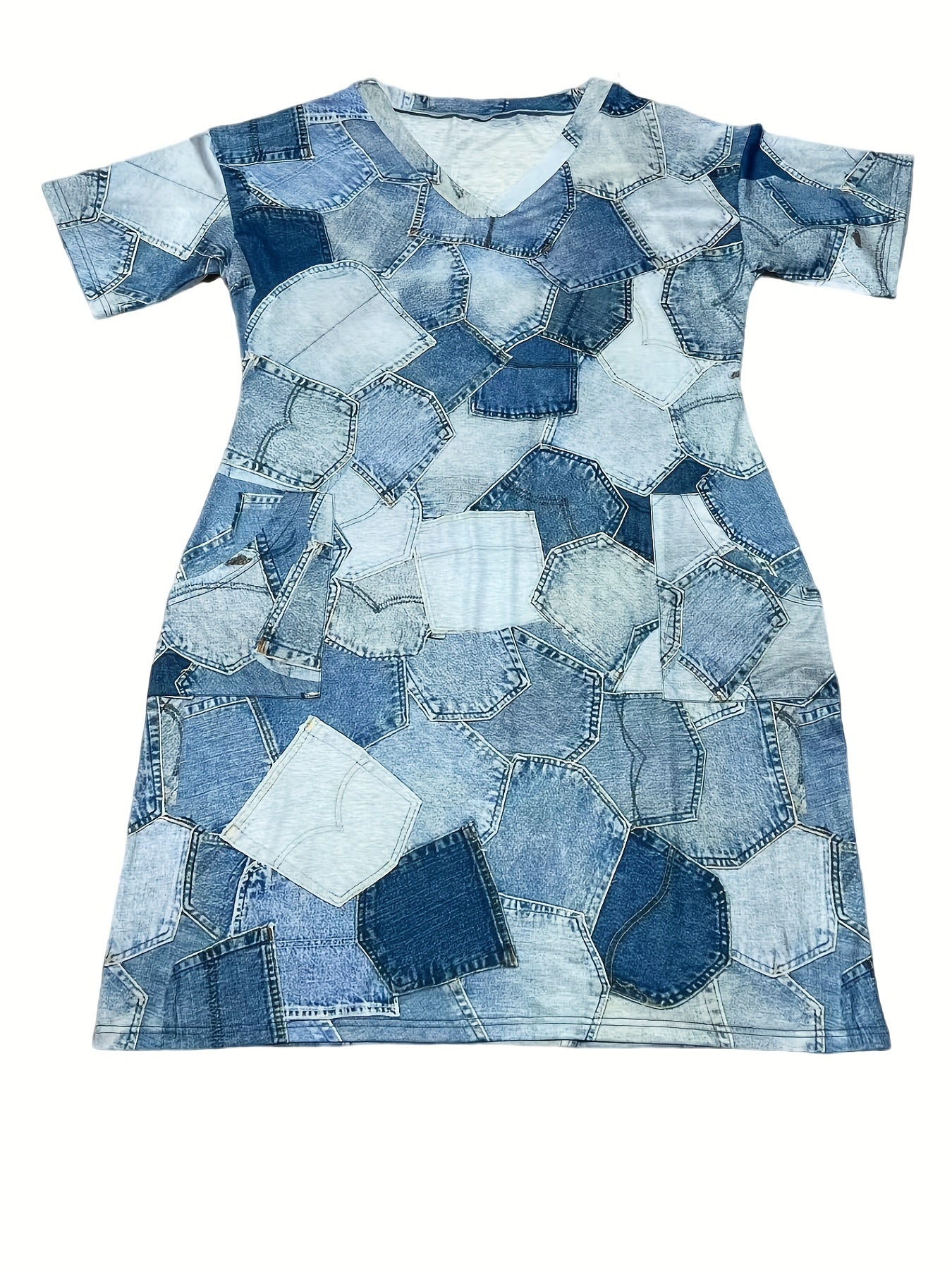  Denim Print Short Sleeve V Neck Dress With Pockets