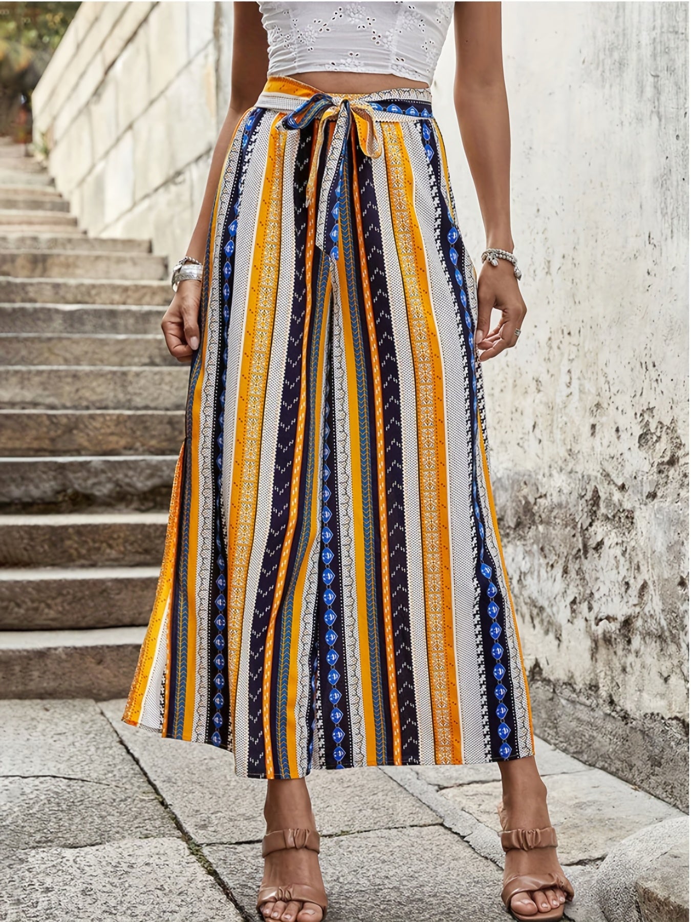  Boho Pants Women's Plus Patchwork Print Wide Leg Trousers