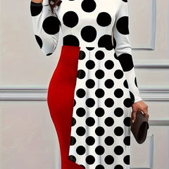  Colorblock Dot Print Long Sleeve Round Neck Bodycon Midi Dress