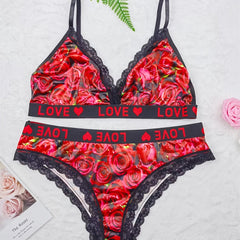  Rose Print Romantic Bra & Panties Set Women's Plus Sexy Lingerie Set