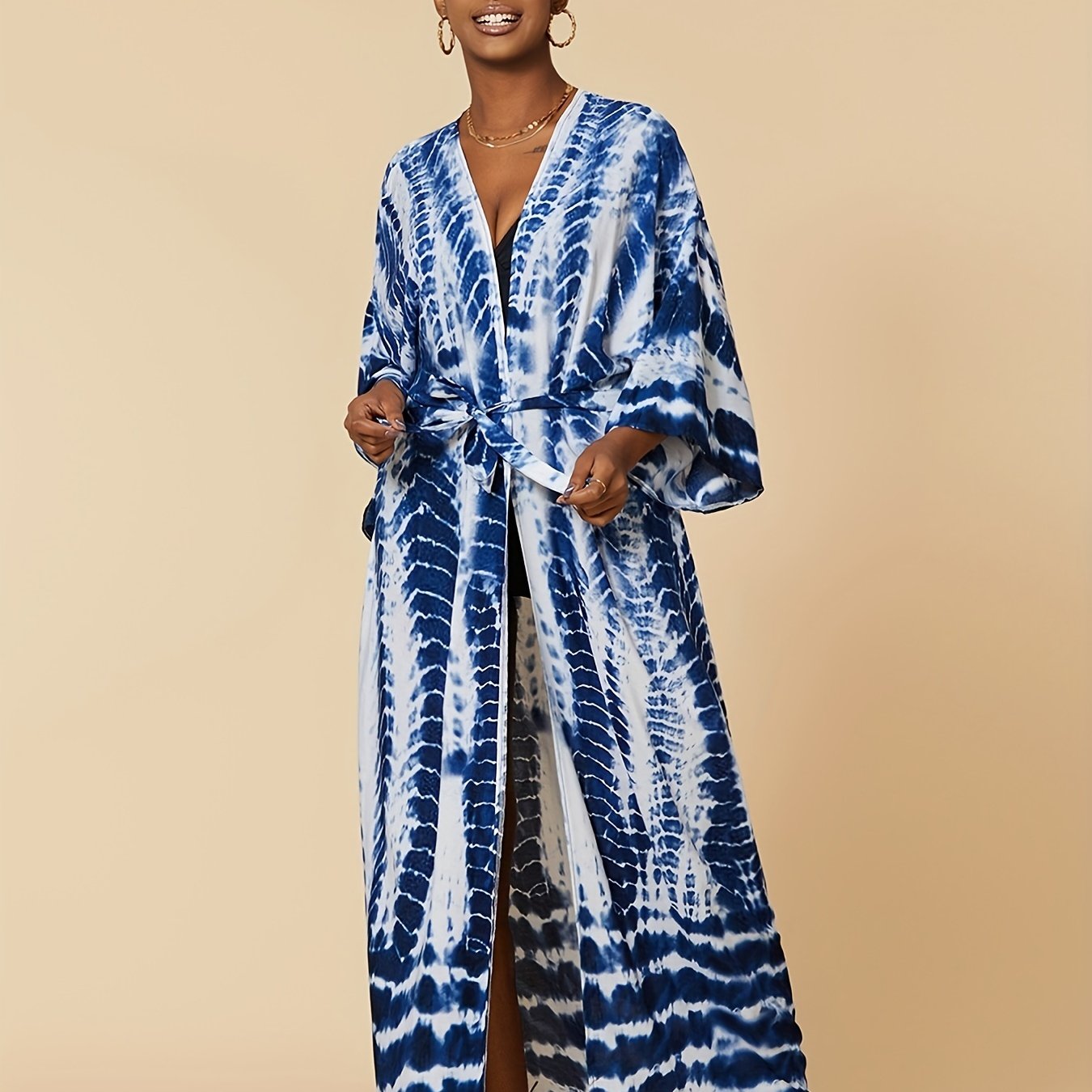 Tie Dye Cover Up Shirt V Neck Loose Fit Kimono Beachwear Boho Style Women's Swim