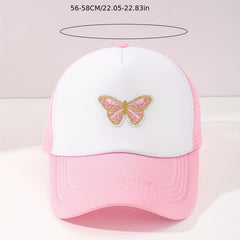 Butterfly Embroidery Pink Trucker Hat Cartoon Block Mesh Baseball Cap