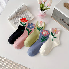 5 Pairs Floral Print Socks Comfy Mid Tube Women's Stockings