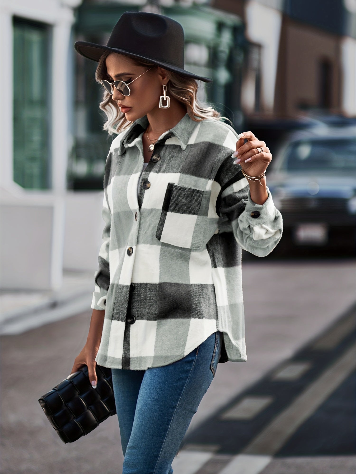 Plaid Print Shacket Jacket Collared Outerwear Women's Clothing