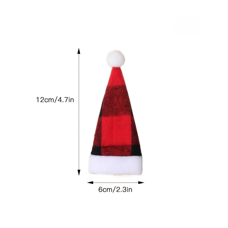 2pcs Christmas Props Red And Plaid Cloth Hats Mini Christmas Hat And Fork Set