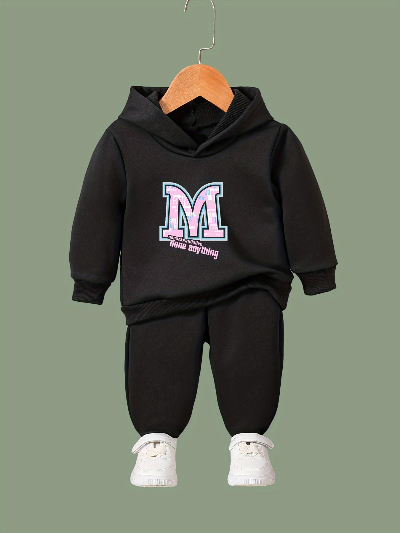 Girls Boys 2pcs M Letter Hooded Pullover Pants Set for Sports