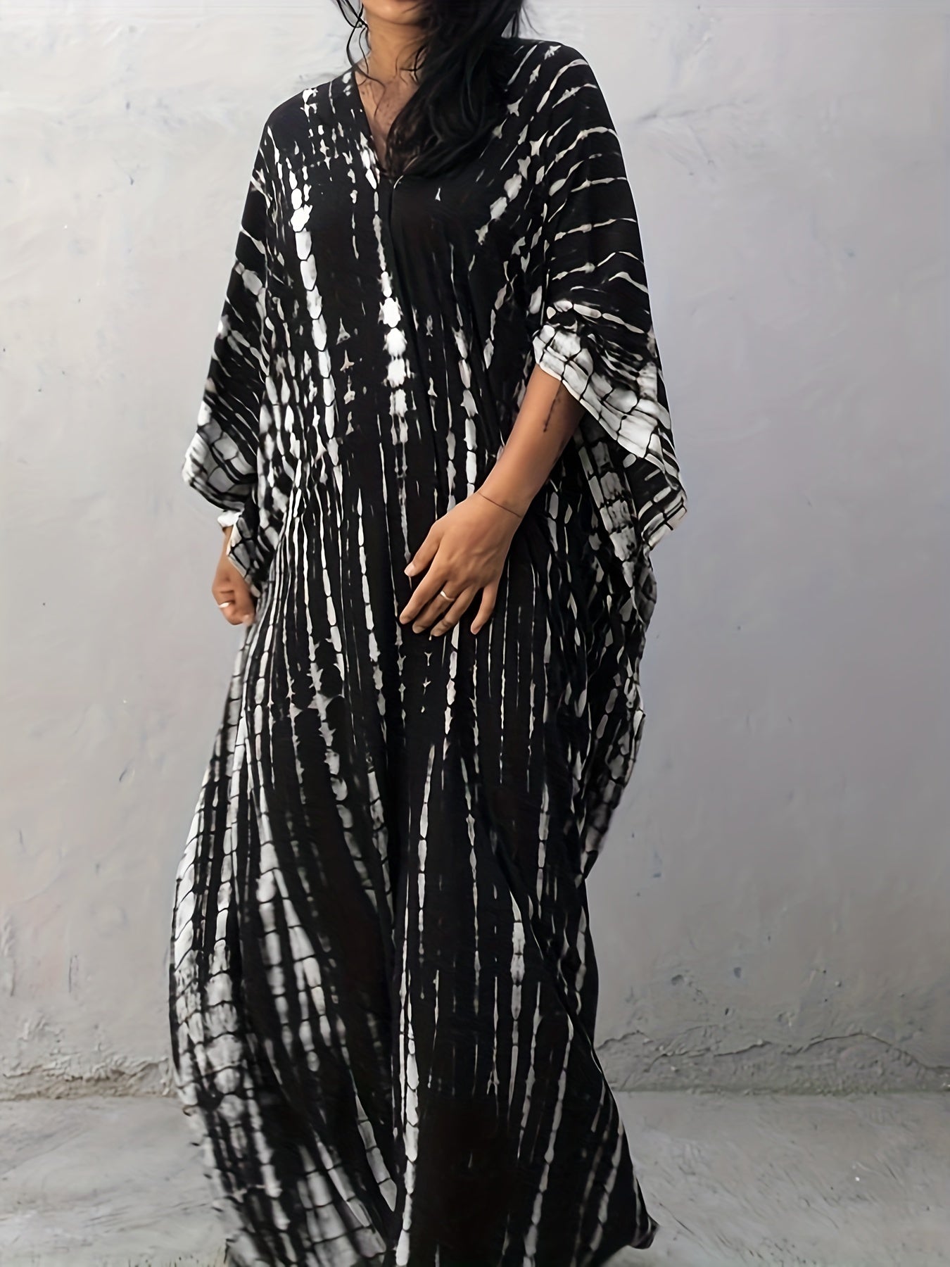  Boho Cover Up Tie Dye Striped Bat Sleeve V Neck Split Max
