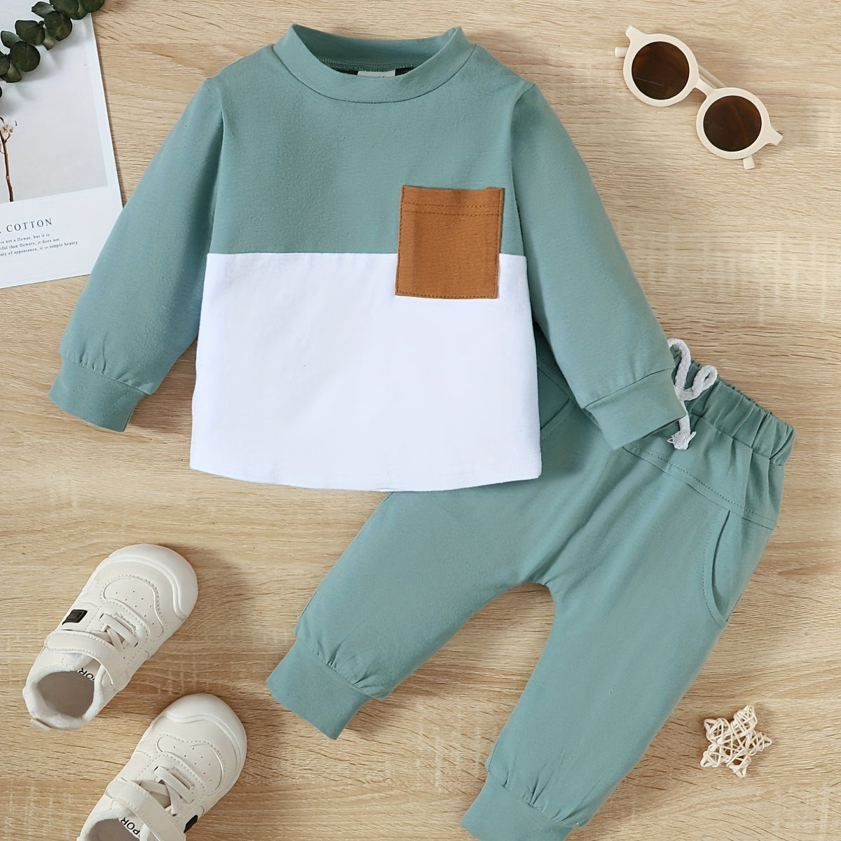 Baby Boys Stitching Pocket Front Long Sleeve Top Solid Shorts Set