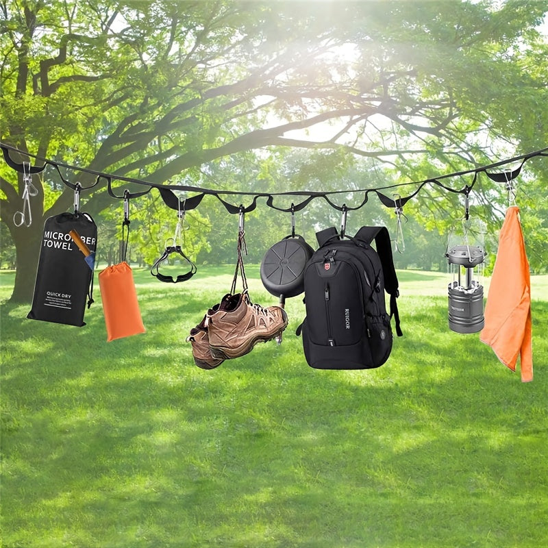 19 Hook Camping Clothesline with Carabiner for Storage & Drying