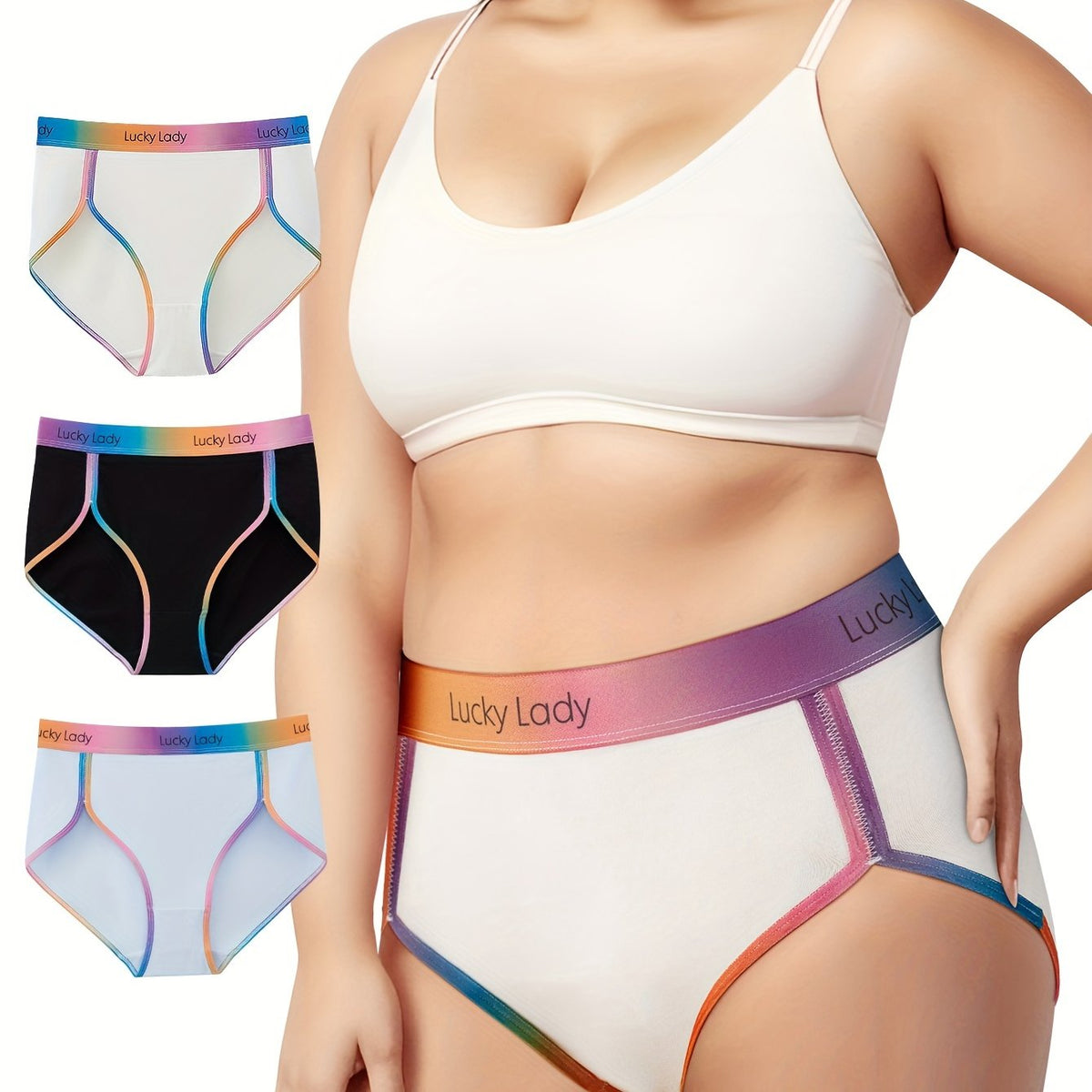 3 Pack Plus Size Panties Set Women's Plus Contrast Ombre Binding High Rise