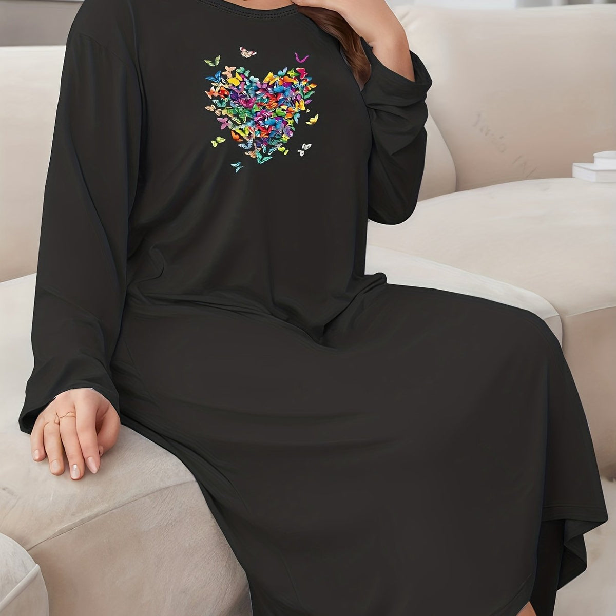 Heart & Butterfly Print Long Sleeve Plus Size Sleep Dress
