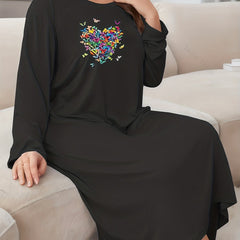 Heart & Butterfly Print Long Sleeve Plus Size Sleep Dress