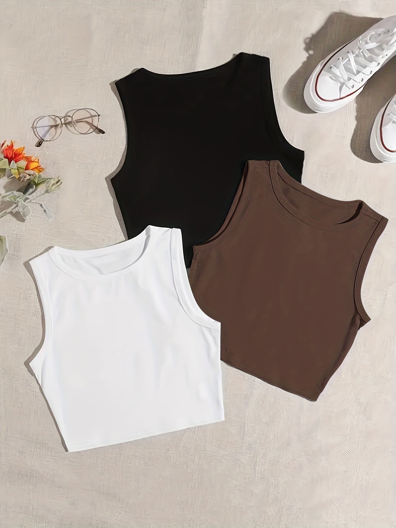 Y2K Crop Tank Top 3pcs Set Sleeveless Crew Neck Casual Top