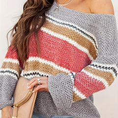  Colorblock Stripe Print One Shoulder Jumper