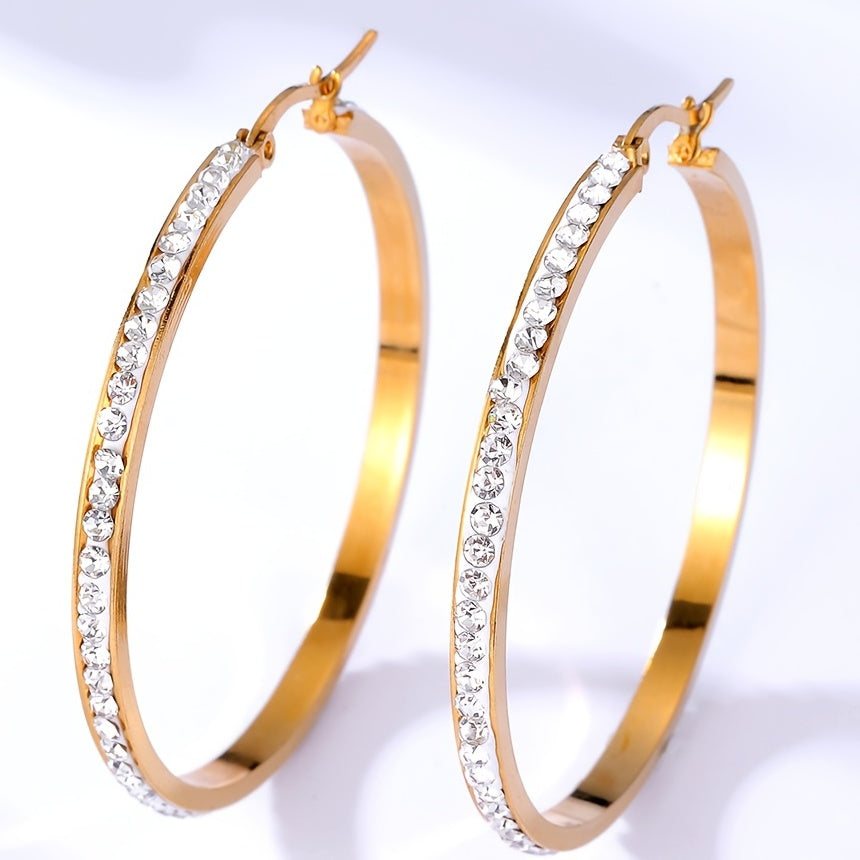 Stainless Steel Large Hoop Earrings Full Rhinestones 18K Plated