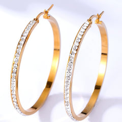 Stainless Steel Large Hoop Earrings Full Rhinestones 18K Plated