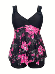  Vacay Tankini Set Women's Plus Tropical Print Ruched Top & Shorts