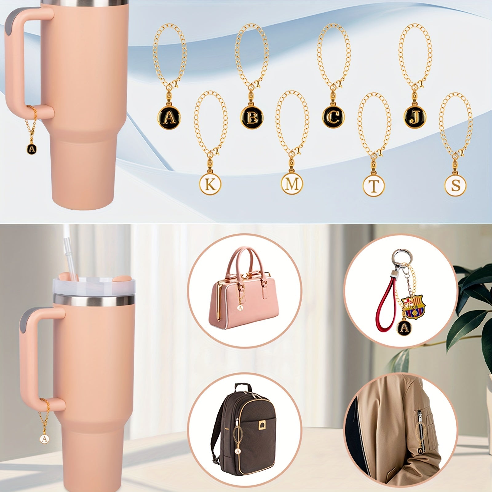 2pcs Round Letter Pendant for Cup Handle + 2pcs Dustproof Straw Covers