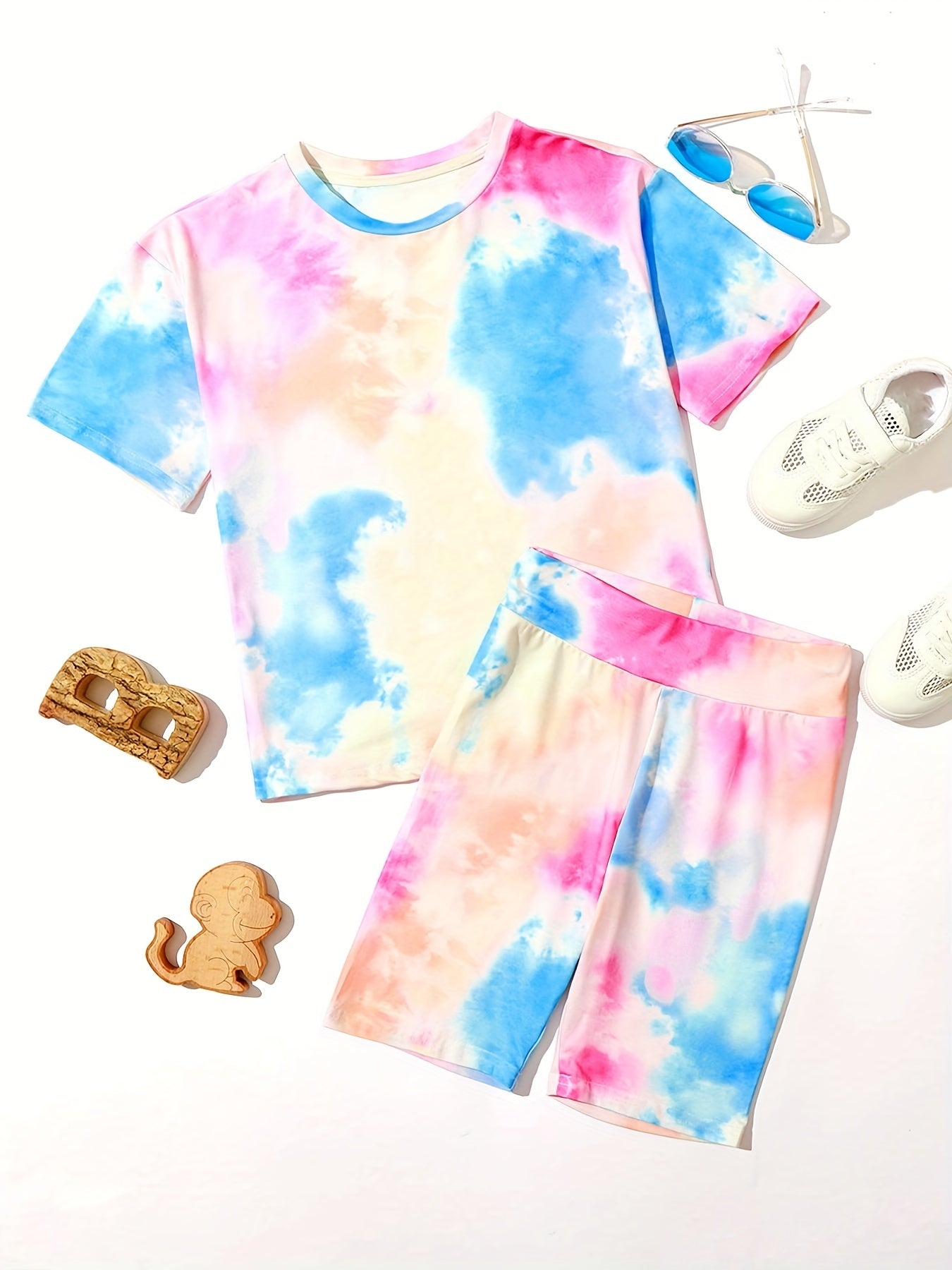 Girls' Tie Dye Short Sleeve T Shirt & Biker Shorts Set Sports Casual Yoga