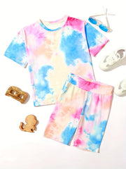 Girls' Tie Dye Short Sleeve T Shirt & Biker Shorts Set Sports Casual Yoga