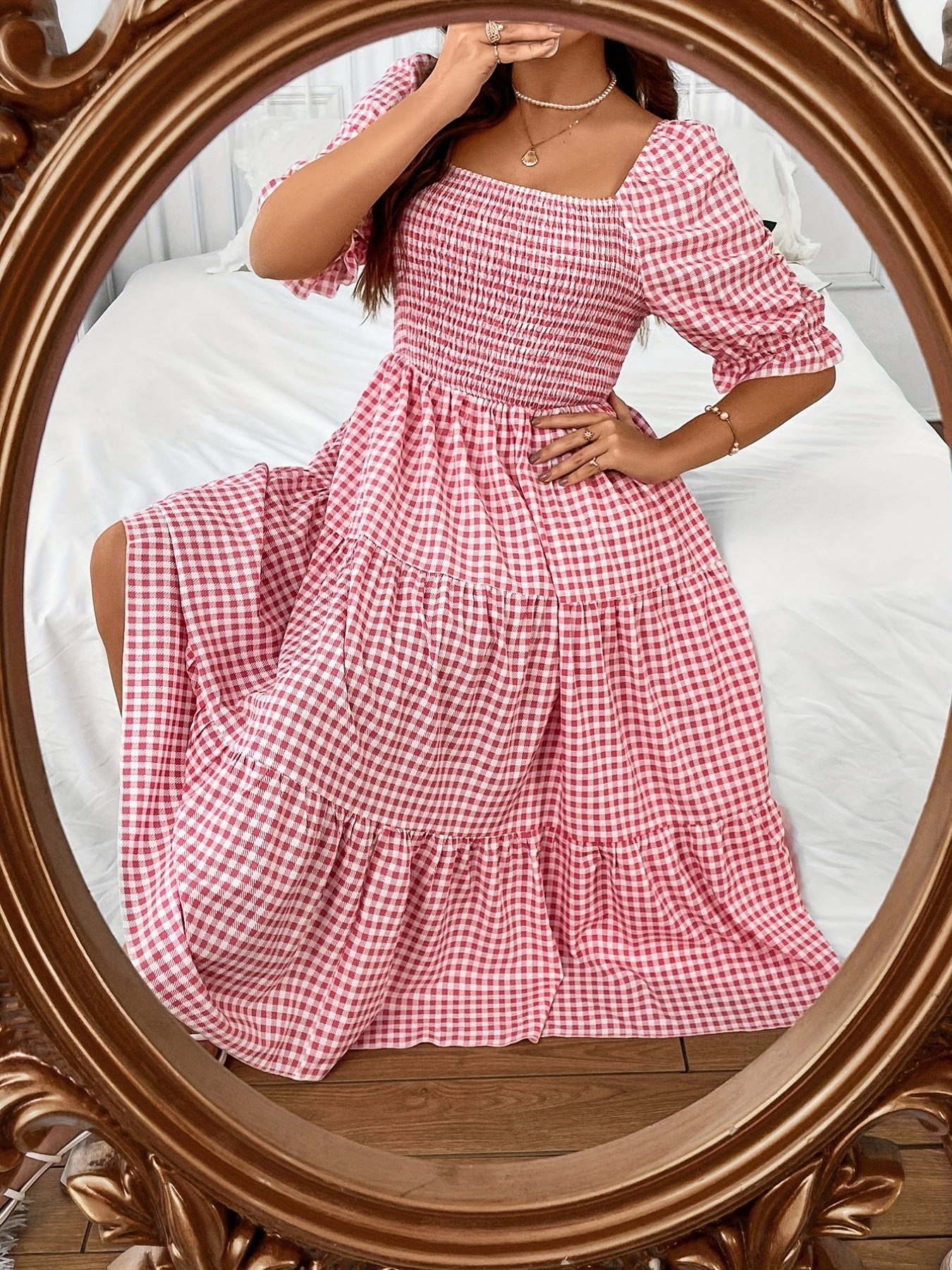  Gingham Print Shirred Bubble Sleeve Smock Dress