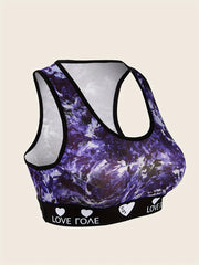 Tie Dye Letter Tape Racer Back Sports Bra for Women