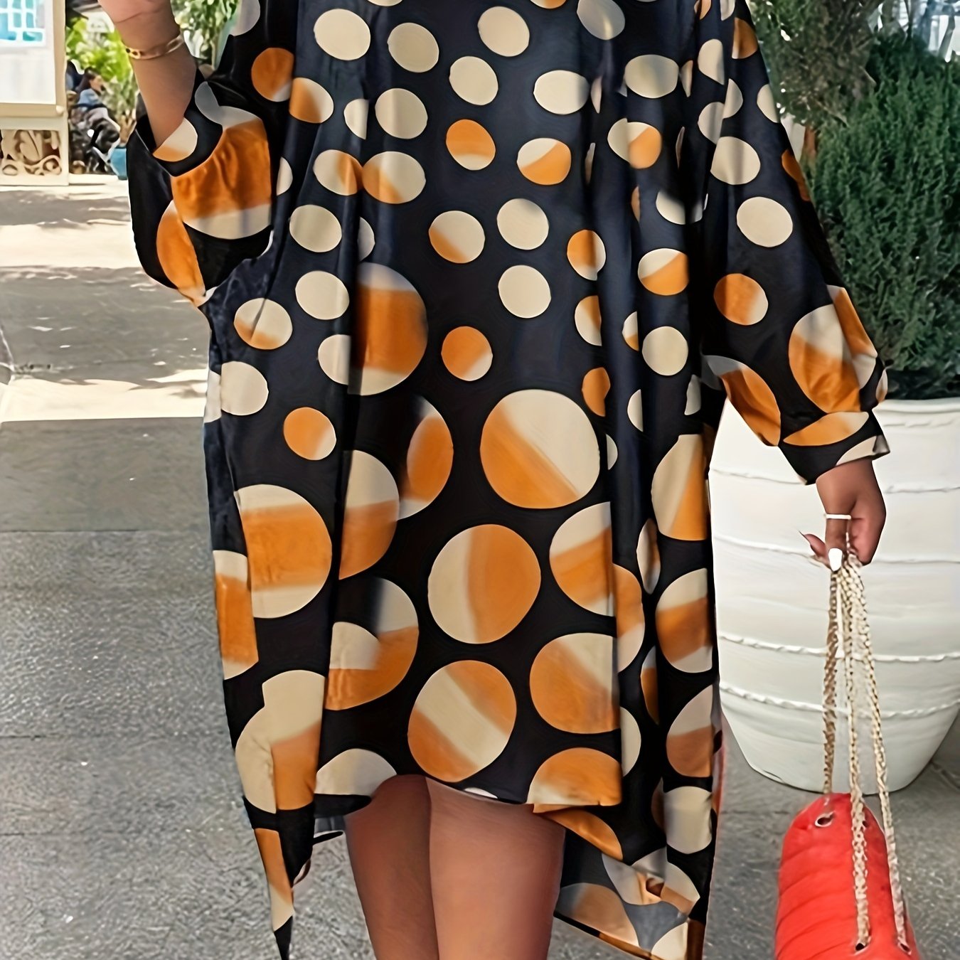  Women's Dot Print Batwing Sleeve Loose Fit Dress