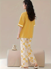 Bear Print Pajama Set Short Sleeve Top & Lounge Pants Women's Sleepwear