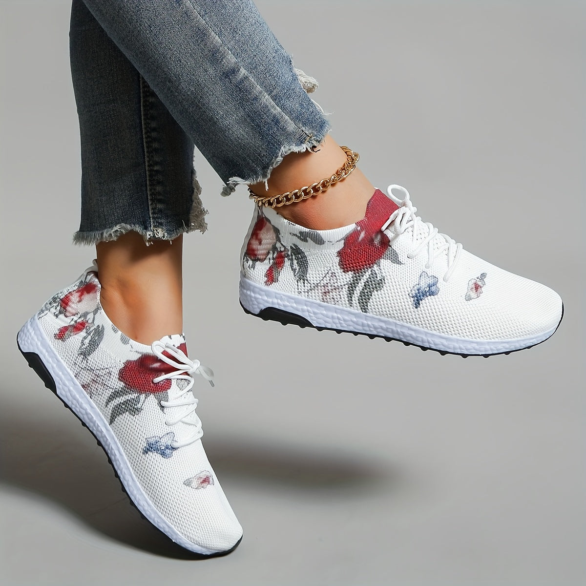 Women's Floral Sneakers Lace Up Non slip Casual Shoes