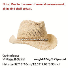Boho Crochet Sun Hat Beaded Bowknot Hollow Out Straw Cowboy Hat