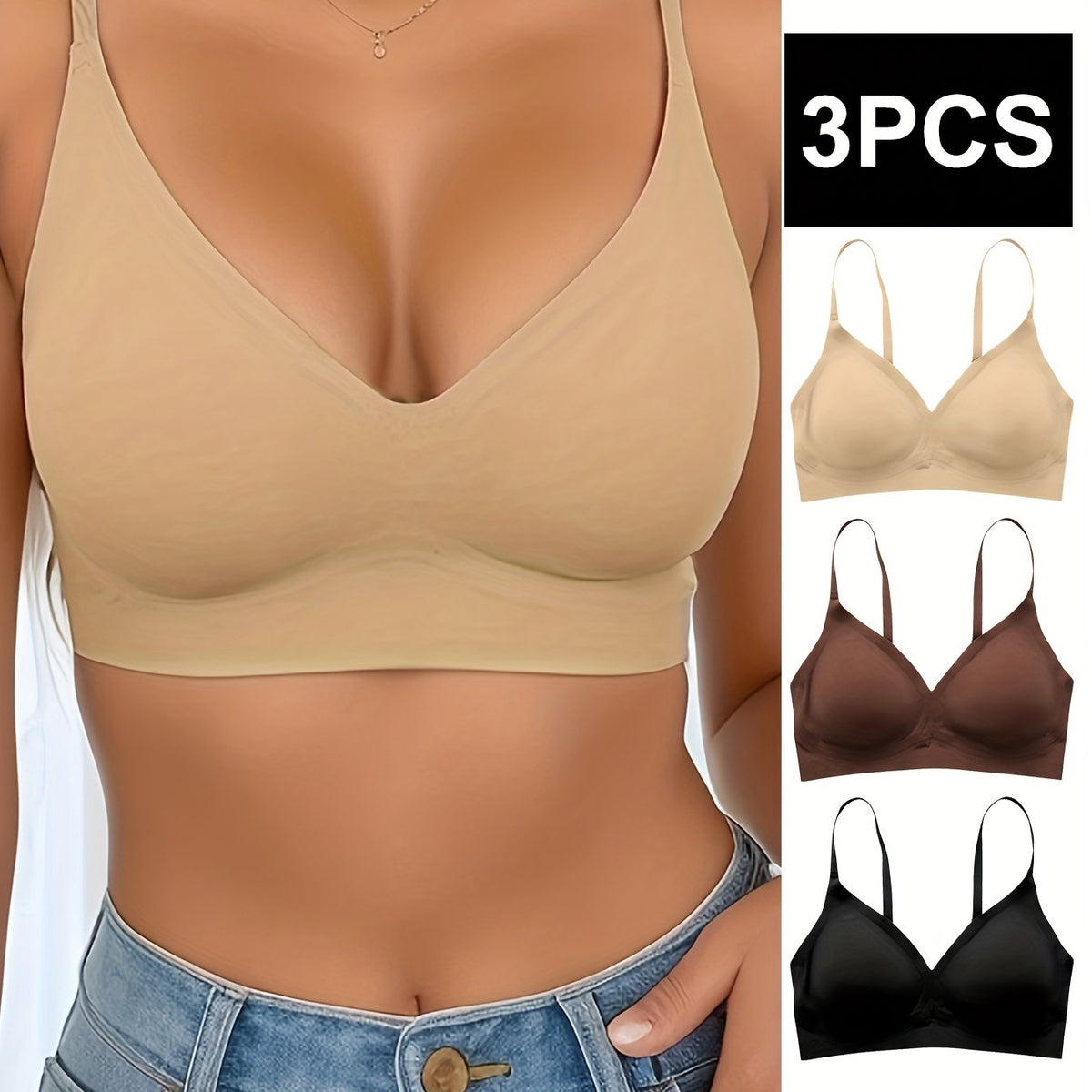 3pcs Seamless Wireless Push Up Bra Comfy & Breathable Lingerie