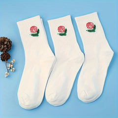 3 Pairs Floral Print Socks Comfy & Breathable Mid Tube Socks Women's Stockings