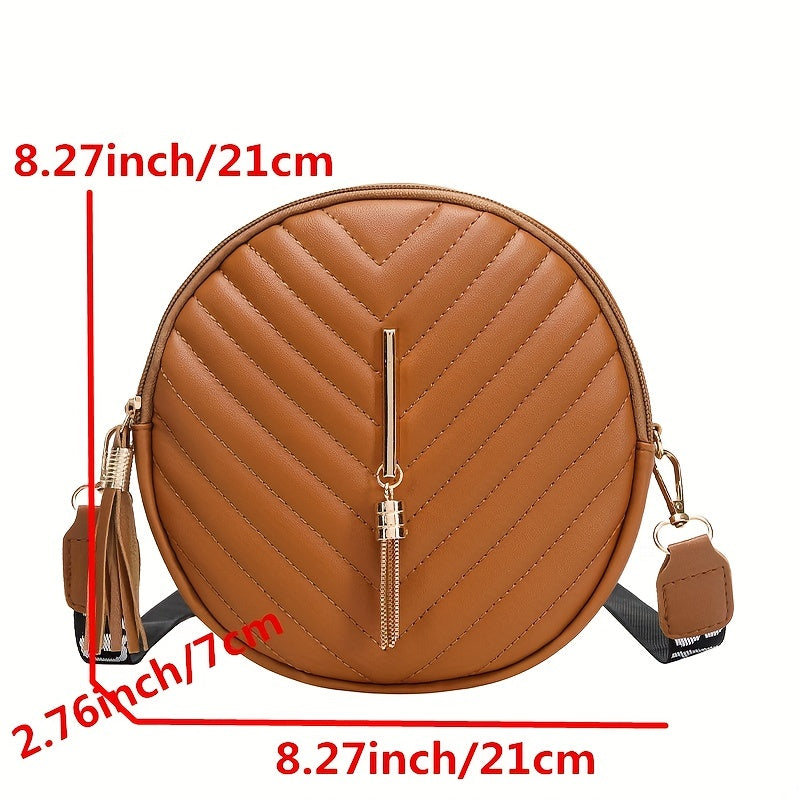 Chevron Quilted Round Bag Tassel Crossbody Bag Women's Small Circle Purse