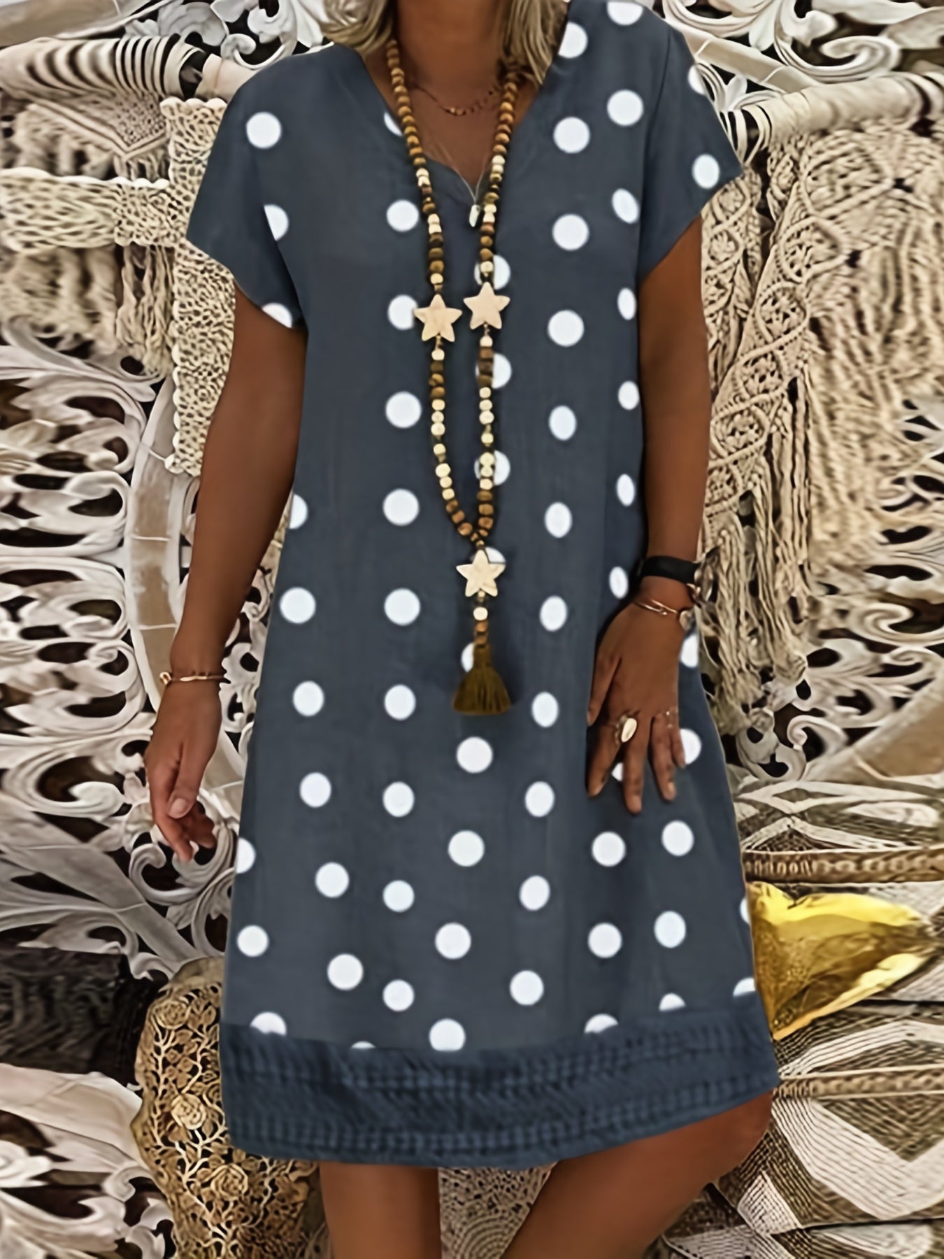  Boho Dress Women's Polka Dots V Neck Short Sleeve Dress